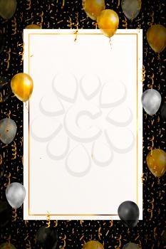 Luxury vertical background with bright golden serpentine, confetti and balloons on black, invitation template