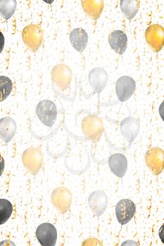 Luxury vertical background with bright golden serpentine, confetti and balloons on white