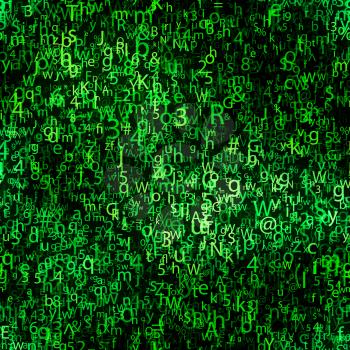 Many abstract green chaotic complicated crypto symbols on black, data encryption binary code concept