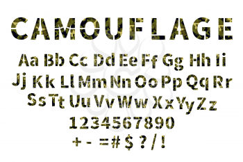 Military stencil font with camouflage pattern, latin letters with numbers isolated on white