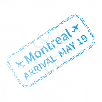 Montreal International travel visa stamp isolated on white. Arrival sign cyan rubber stamp with texture