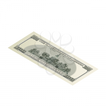 One hundred USA dollars banknote, back side coupure in isometric view isolated on white