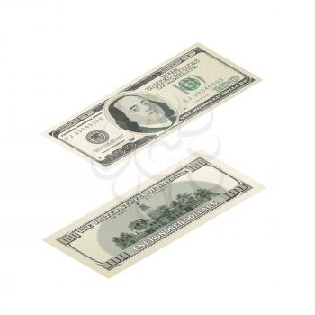 One hundred USA dollars banknote, front and back detailed coupure in isometric view isolated on white