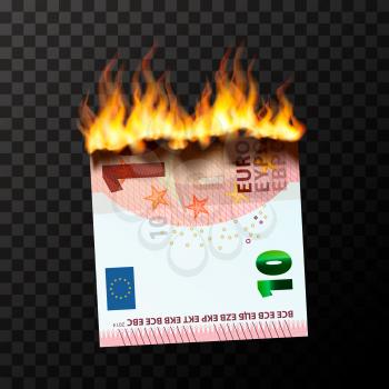 Realistic burning dummy of half ten euro banknote torn into two pieces with fire flames