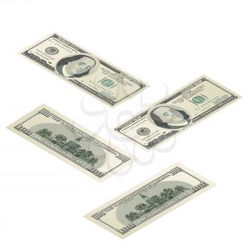 Realistic dummy one hundred USA dollars banknote, front and back detailed coupure in isometric view isolated on white