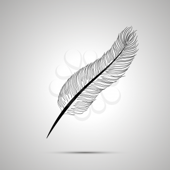 Realistic feather outline simple black icon with shadow