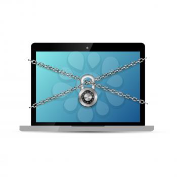 Realistic laptop with glossy silver metal crossed chains with round code padlock isolated on white