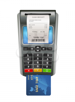 Realistic NFC POS terminal for payment with blue card and sale check isolated on white