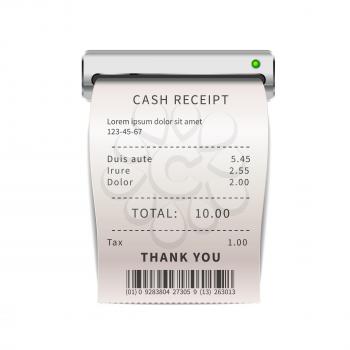 Realistic sales receipt coming out from machine, white shopping bill with text. Paper financial check isolated on white