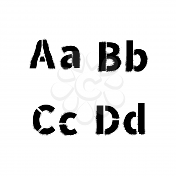 Realistic stencil font with dirty spray paint texture, A B C D latin letters isolated on white