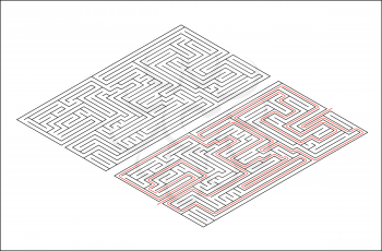 Rectangular maze of medium complexity in isometric view isolated on white and solution with red path