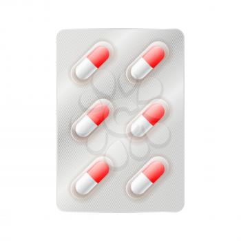 Red and white medicine capsules, six pills in blister isolated on white