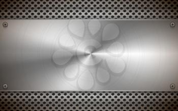 Round polished metal blank plate on bright gray metallic grid, industrial background