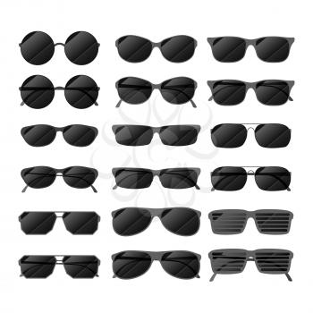 Set of black glossy sunglasses in different style isolated on white