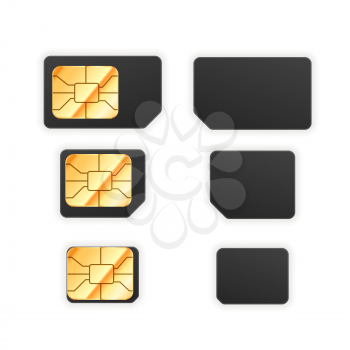 Set of black standard, micro and nano sim card for phone with golden glossy chip from both sides isolated on white