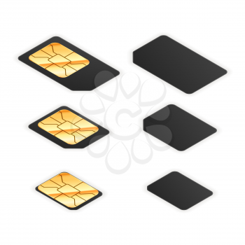 Set of black standard, micro and nano sim cards for phone with golden glossy chip from both sides in isometric view isolated on white