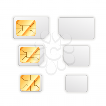 Set of blank standard, micro and nano sim card for phone with golden glossy chip from both sides isolated on white