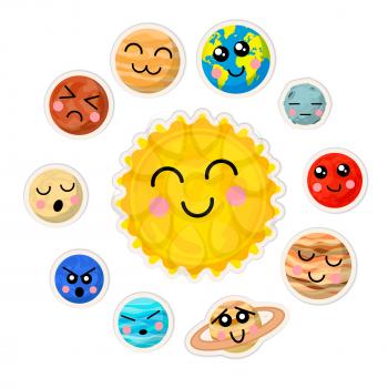 Set of bright cartoon planets of solar system with cute faces, stickers pack isolated on white