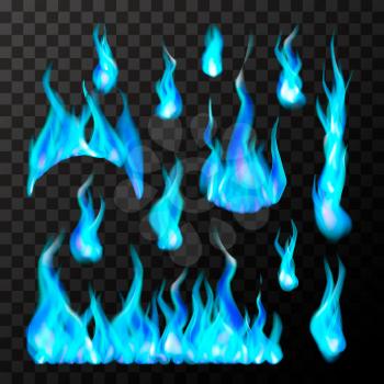 Set of bright different blue gas fire flames on transparent background