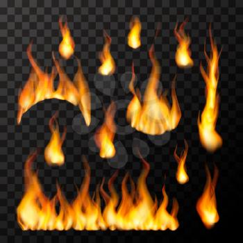 Set of bright different fire flames on transparent background