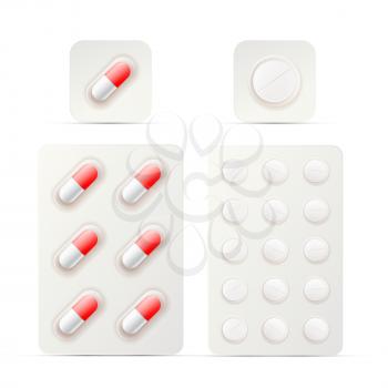 Set of bright glossy pills in blister isolated on white
