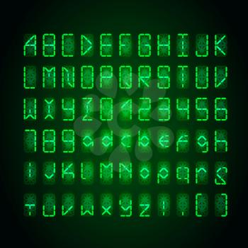 Set of bright green digital retro clock font on dark background
