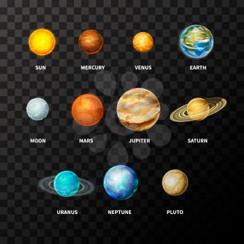 Set of bright realistic planets on solar system like Mercury, Venus, Earth, Mars, Jupiter, Saturn, Uranus, Neptune and Pluto, including sun and moon on transparent background
