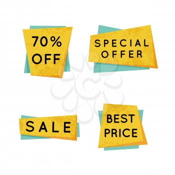 Set of bright yellow and green sale retro badges isolated on white