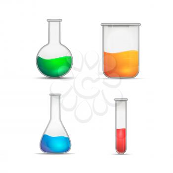 Set of glossy realistic chemical flasks with experimental substance isolated on white