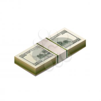 Stack of dummy one hundred US dollars banknote from back side in isometric view isolated on white