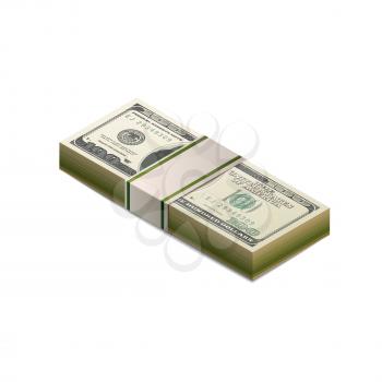 Stack of dummy one hundred US dollars banknote in isometric view isolated on white