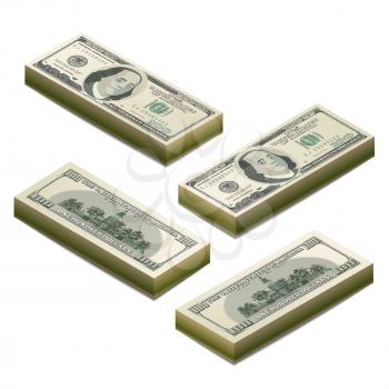 Stacks of realistic dummy one hundred US dollars banknote, front and back detailed coupure in isometric view isolated on white