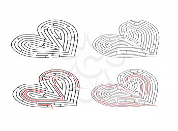 Two complicated mazes in heart shape, labyrinths with red path solutions in isometric view isolated on white
