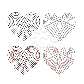 Two complicated mazes in heart shape, labyrinths with red path solutions isolated on white