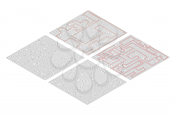 Two different mazes of high complexity in isometric view isolated on white and solution with red paths