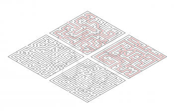 Two different mazes of medium complexity in isometric view isolated on white and solution with red paths