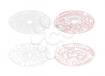 Two round mazes of medium complexity in isometric view isolated on white and solution with red paths