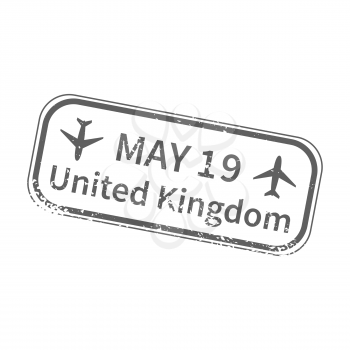 UK International travel visa stamp isolated on white. Arrival sign gray rubber stamp with texture