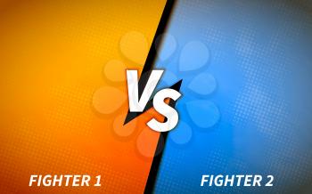 Versus screen design template, battle headline in orange and blue colours with halftone pattern