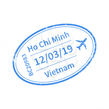 Vietnam International travel visa stamp isolated on white. Arrival sign blue rubber stamp with texture