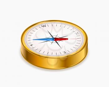 Vintage glossy golden compass in isometric view isolated on white