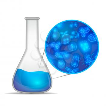 Water composition infographic. Glossy realistic chemical flask with blue substance with lots of bacterias and viruses isolated on white
