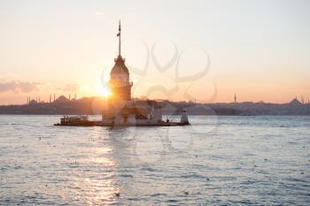 View from Maiden's Tower in evening, with the Hagia Sophia and the Blue Mosque in the far distance.