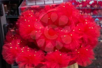 Set of the colorful  pompoms in the bazaar