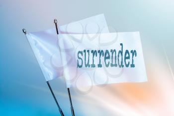 SURRENDER word written on white flag in display