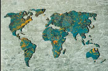 Roughly outlined world map with a colorful background patterns
