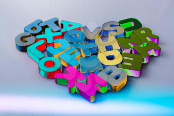 Colorful letter blocks shape heart on white background