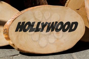 HOLLYWOOD word written  Piece of cut wood log texture as background