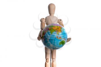 Wooden man holding a globe on a white background