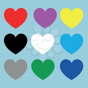 Heart set for Valentine days and other holidays Red magenta black white blue yellow grey green color